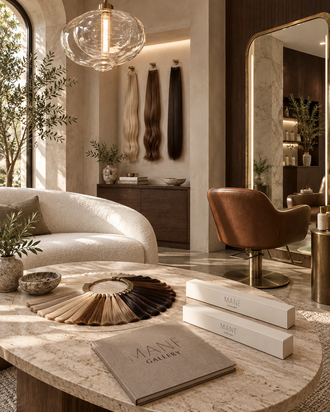 A warm limestone hair gallery with lit niches of brunette and blonde extensions