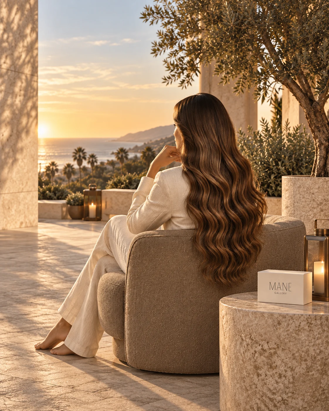 Long dimensional brunette waves in warm coastal light on a stone terrace