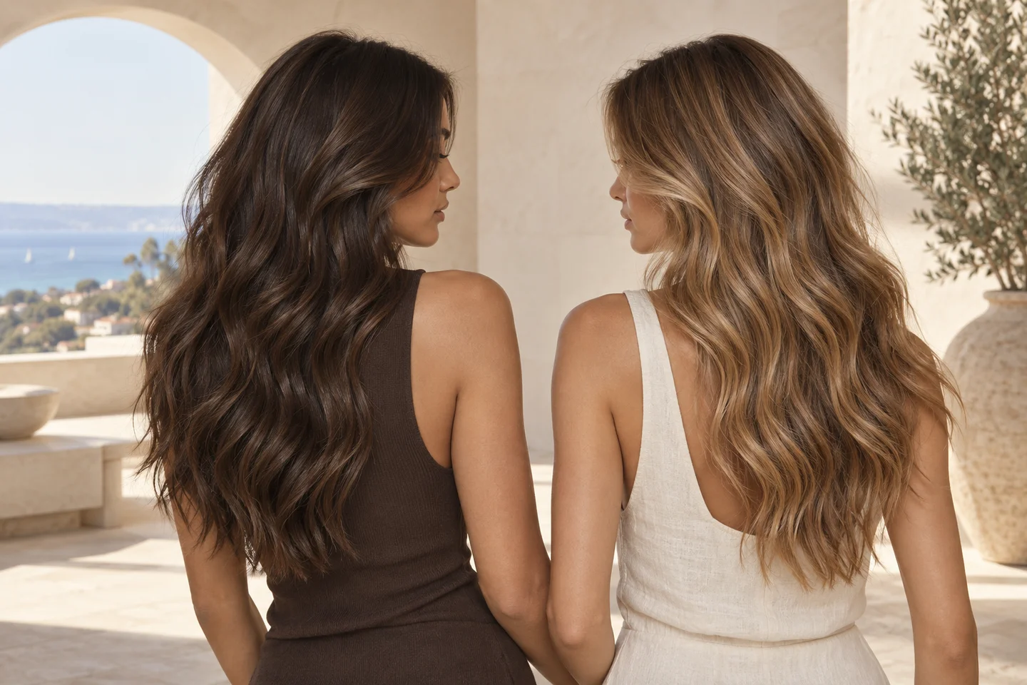 Brunette and honey bronde waves in warm natural light
