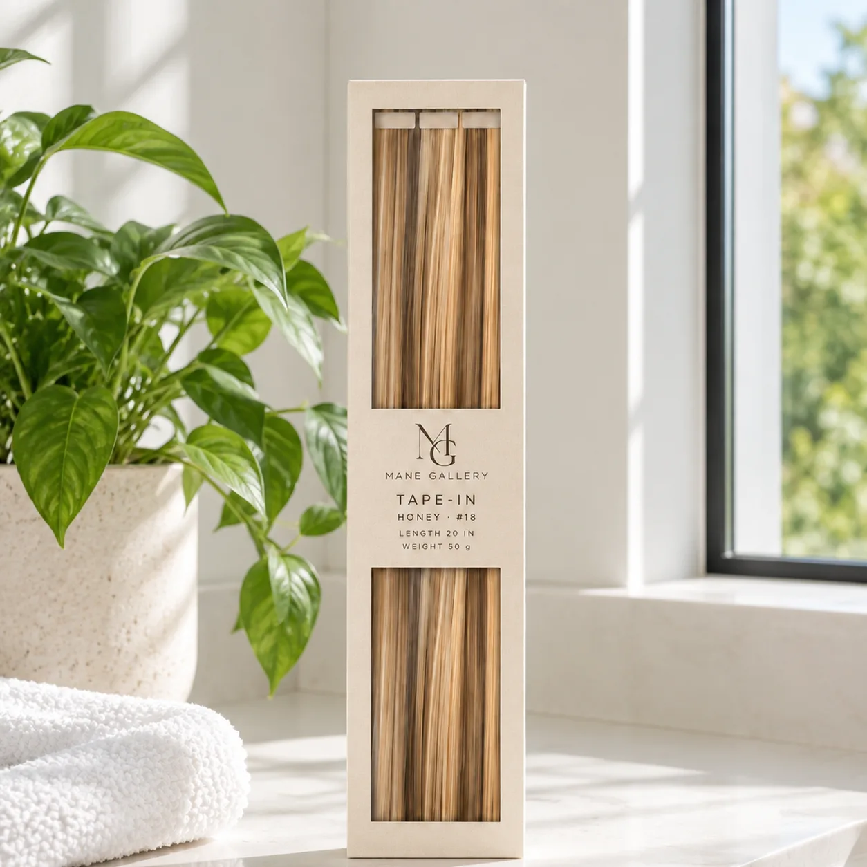 A slim beige extension box with two windows on a white marble counter beside a plant, in bright window light (The Mane Gallerie packaging concept)
